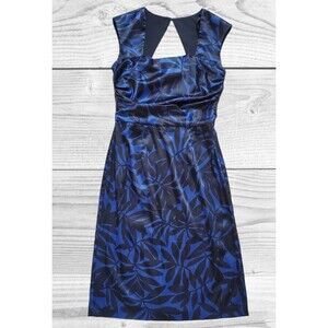 DONNA RICCO Dress Women Size 10 Blue Black Floral Midi Open Back Short Sleeve